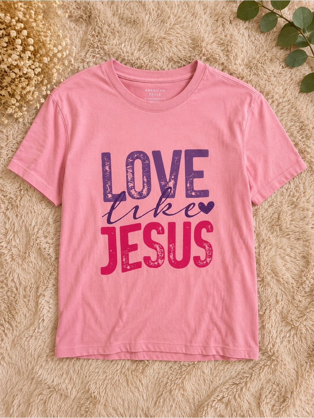 American Eagle Outfitters Pink 'Love Like Jesus' Short Sleeve Graphic Tee
